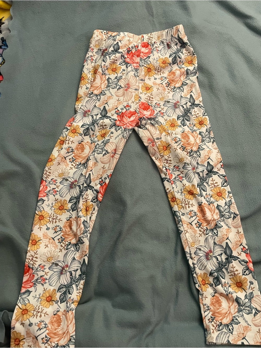 Girls Floral Stretch Leggings in Cream with Pink & Yellow Flowers
